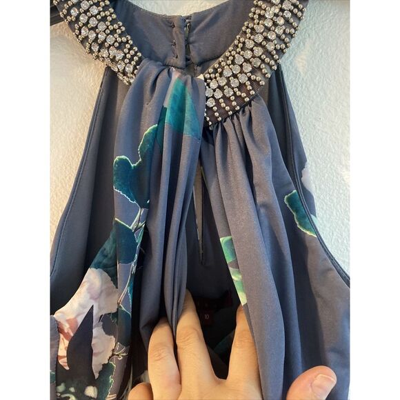 Women's Debut Gray Floral Neck Cross Rhinestone Dress Sz 6 US Or 10 London - Picture 3 of 13